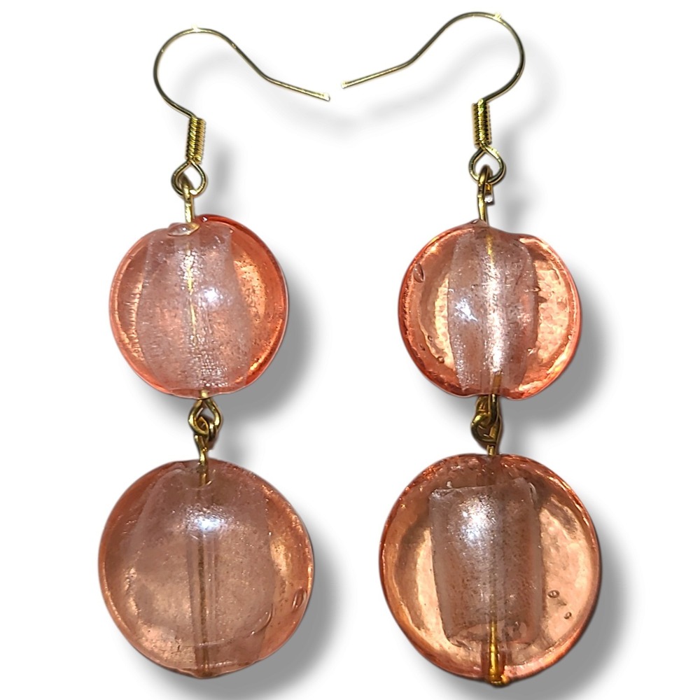 Pink Peach Glass Double Drop Dangle Earrings Gold Tone 2.5"